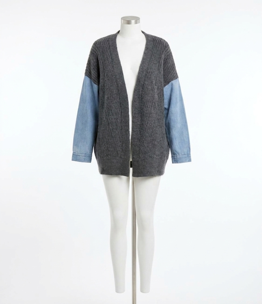 NEW DAVI & DANI oversize sweater cardigan with denim sleeve in charcoal